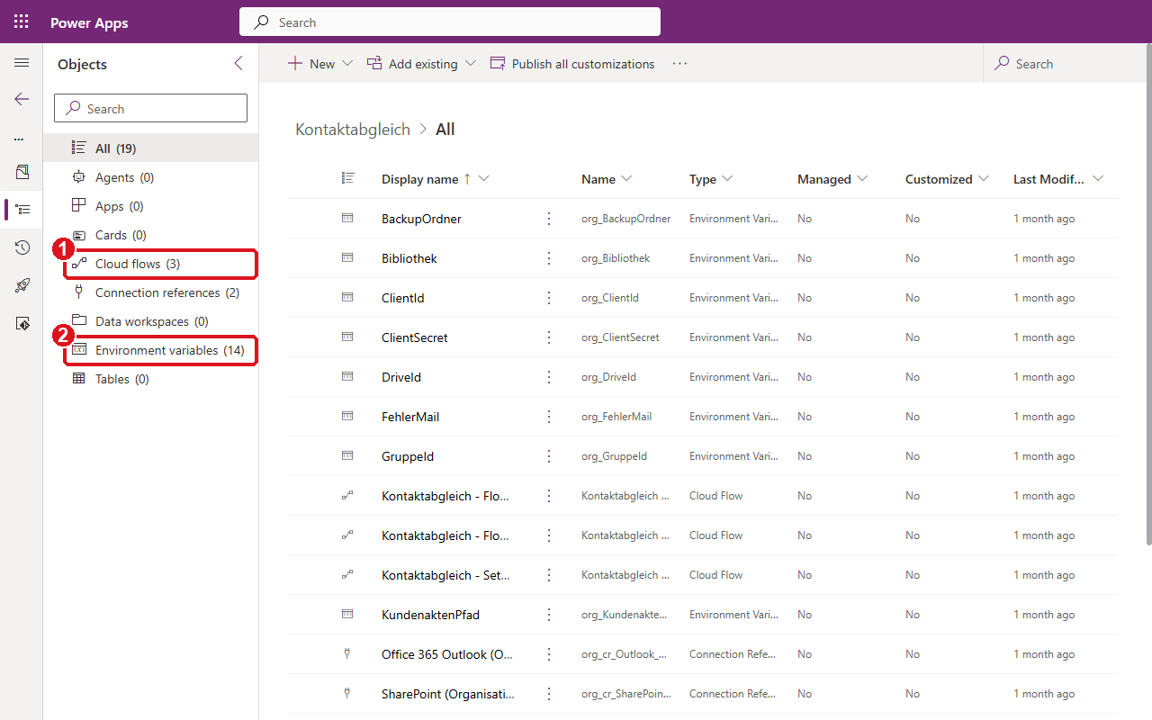 Inhalt der Lösung Kontaktabgleich mit markierten Einträgen Cloud flows und Environment variables